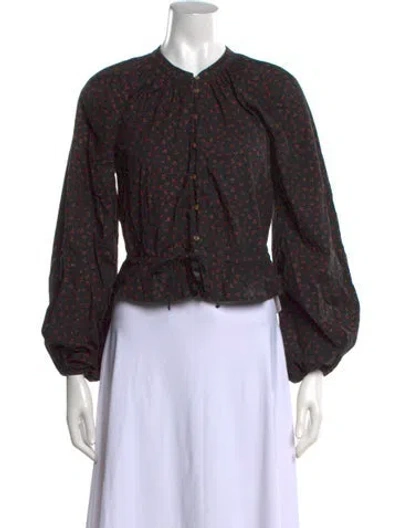 Pre-owned Christy Dawn Floral Print Crew Neck Blouse In Black
