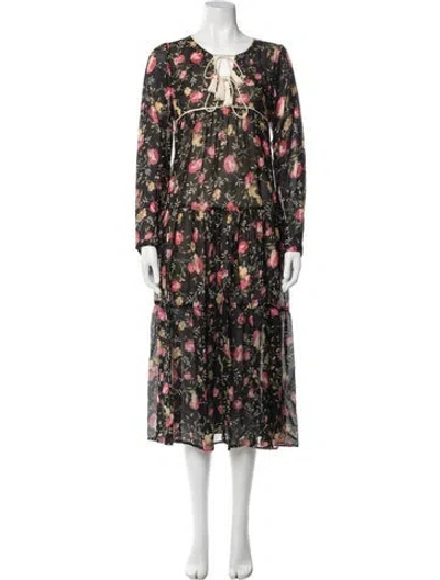 Pre-owned Christy Dawn Floral Print Midi Length Dress In Black