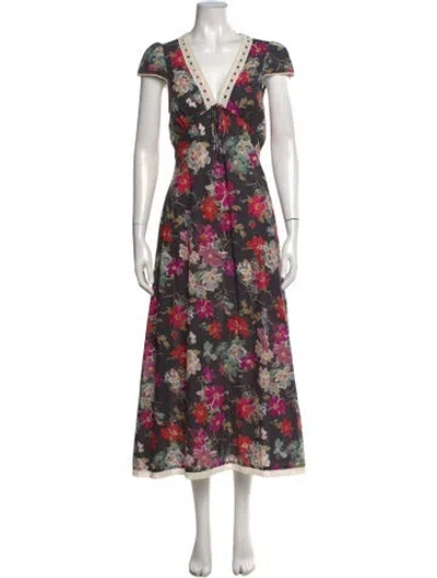 Pre-owned Christy Dawn Floral Print Midi Length Dress In Black
