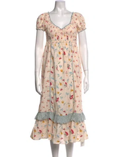 Pre-owned Christy Dawn Floral Print Midi Length Dress In Neutrals