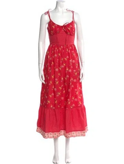 Pre-owned Christy Dawn Floral Print Midi Length Dress In Red