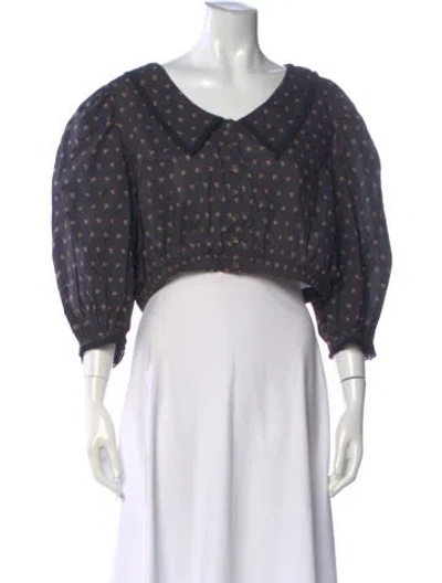 Pre-owned Christy Dawn Floral Print Three-quarter Sleeve Crop Top In Black