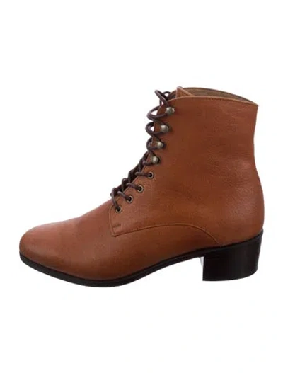 Pre-owned Christy Dawn Leather Colorblock Pattern Combat Boots In Brown