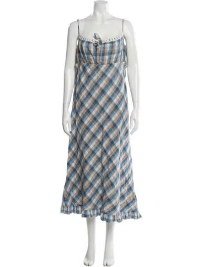 Pre-owned Christy Dawn Plaid Print Long Dress In Blue