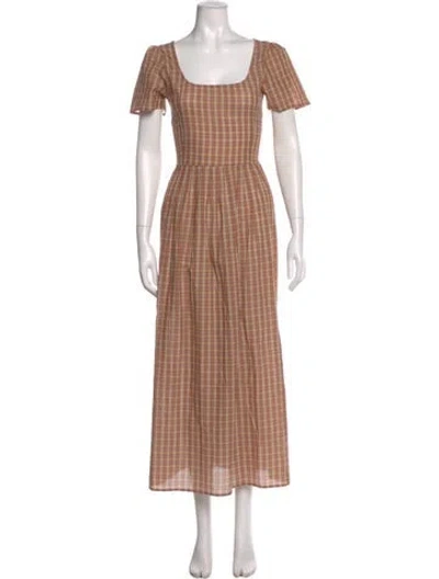 Pre-owned Christy Dawn Plaid Print Long Dress In Brown
