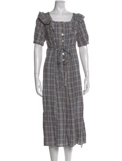 Pre-owned Christy Dawn Plaid Print Midi Length Dress In Blue