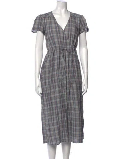 Pre-owned Christy Dawn Plaid Print Midi Length Dress In Blue