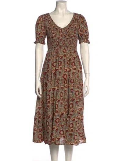 Pre-owned Christy Dawn Printed Midi Length Dress In Brown