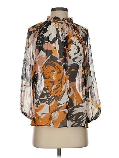 Pre-owned Christy Lynn 3/4 Sleeve Silk Top Brown Floral Pattern High Neck Tops