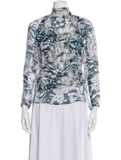 Pre-owned Christy Lynn Floral Print Mock Neck Blouse In Blue