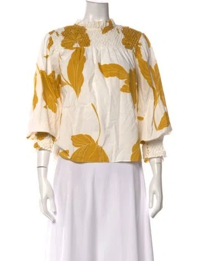 Pre-owned Christy Lynn Floral Print Mock Neck Blouse In Yellow