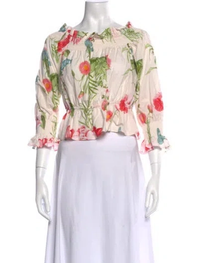 Pre-owned Christy Lynn Floral Print Off-the-shoulder Blouse In White