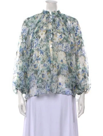 Pre-owned Christy Lynn Floral Print Tie Neck Blouse In Blue