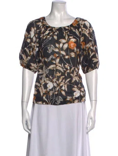 Pre-owned Christy Lynn Linen Floral Print Blouse In Black/white