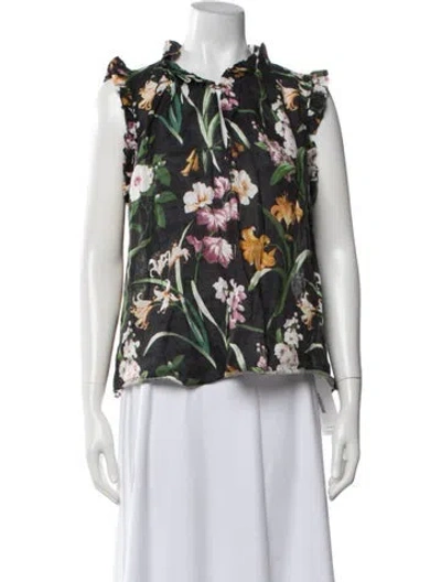 Pre-owned Christy Lynn Linen Floral Print Blouse In Green