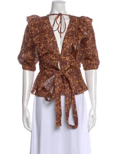 Pre-owned Christy Lynn Linen Floral Print Blouse W/ Tags In Brown