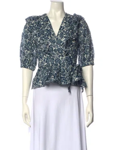 Pre-owned Christy Lynn Linen Floral Print Crop Top In Blue