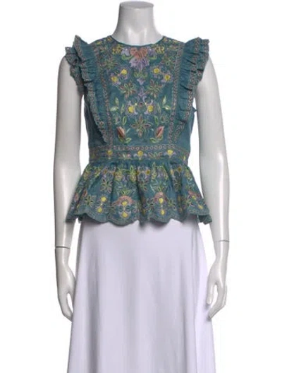 Pre-owned Christy Lynn Linen Floral Print Top In Blue