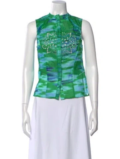 Pre-owned Christy Lynn Linen Patterned Blouse In Green