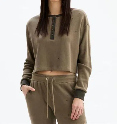 Chrldr Juliette Stars Oversized Crop Henley Long Sleeve Top In Olive In Brown