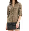Chrldr Tracy Poplin Side Rib Button Up Top In Olive In Green