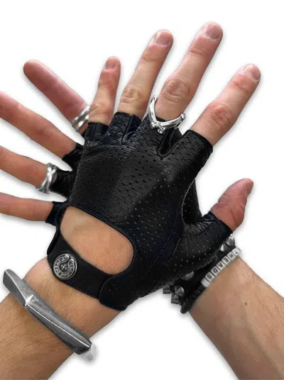 Pre-owned Chrome Hearts 00s  Fingerless 925 Silver Leather Gloves In Black