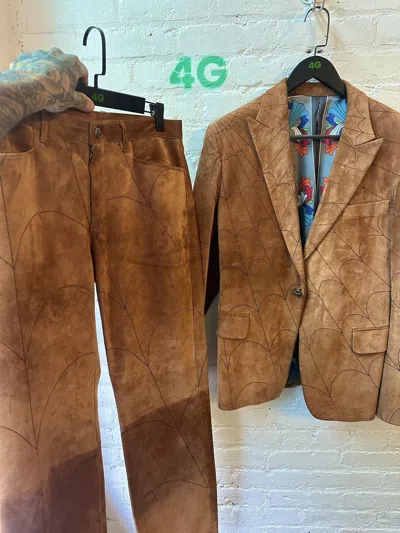 Pre-owned Chrome Hearts 1 Of 1  Couture Suede Leather Spider Web Suit In Sand