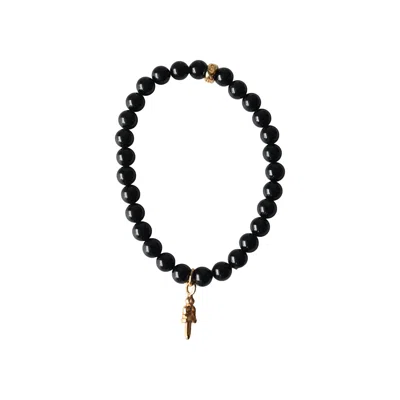 Chrome Hearts 22k Gold Matte Shiny Onyx Bead Bracelet With Dagger Charm Black