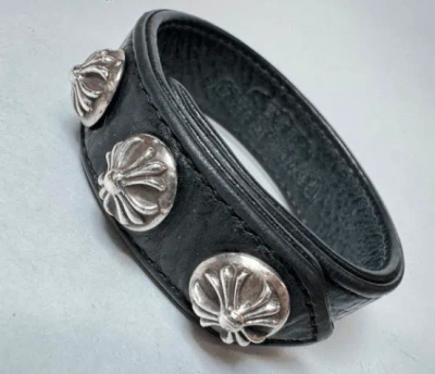 Pre-owned Chrome Hearts 3 Button 2 Snap Leather Bracelet In Black