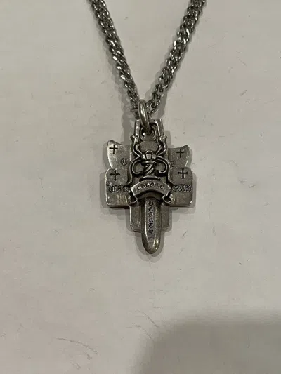 Pre-owned Chrome Hearts 3 Trinkets Dagger Pendant Cuban Chain Necklace In Silver
