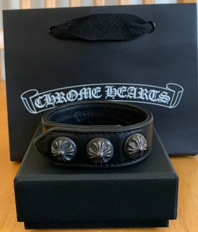 Pre-owned Chrome Hearts Adjustable Leather Silver Snap Bracelet In Black