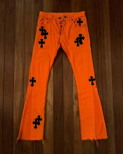 Pre-owned Chrome Hearts Art Basel 2018 Orange Denim Flared Cross Jeans