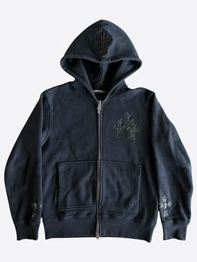 Pre-owned Chrome Hearts Black Leather Triple Cross Patch Zip Up Hoodie