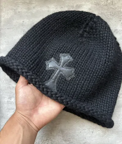 Pre-owned Chrome Hearts Cashmere Leather Cross Patch Beanie In Black