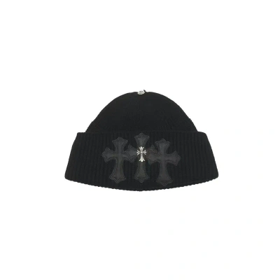 Pre-owned Chrome Hearts Cashmere Triple Leather Cross Beanie In Black