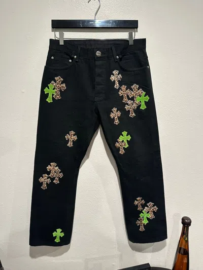 Pre-owned Chrome Hearts Ch Cheetah Ponyhair And Green Suede Cross Patch Denim Jeans In Black