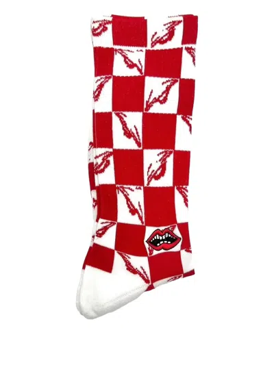 Chrome Hearts Checkerboard Lips-pattern Socks In Red