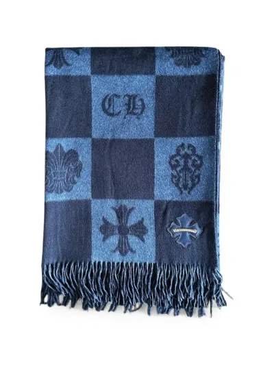 Chrome Hearts Check-pattern Fringed Blanket In Blue