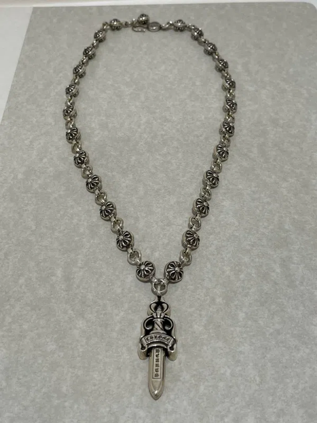 Pre-owned Chrome Hearts Cross Ball And Dagger Necklace In Silver