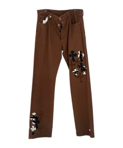 Chrome Hearts Cross-patch Leather Jeans In Brown