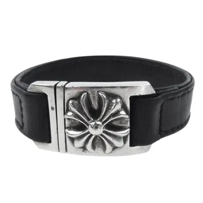Pre-owned Chrome Hearts Cut Out Heart Leather Silver Bracelet In Black