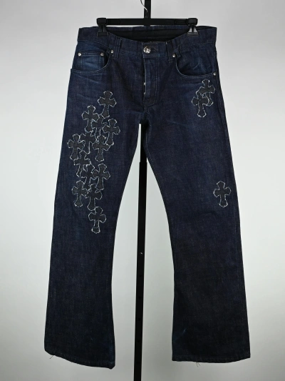 Pre-owned Chrome Hearts Denim Maltese Cross Patch Bootcut Jeans - 33 In Navy