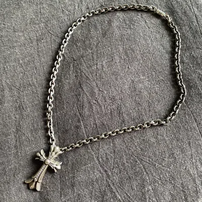 Pre-owned Chrome Hearts Diamond Double Cross Paper Chain Necklace In Silver