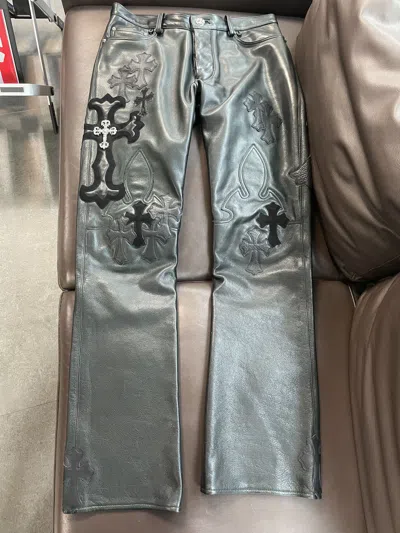 Pre-owned Chrome Hearts Fleurknee Cross Patch Leather Pants In Black/silver