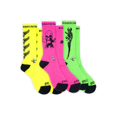 Pre-owned Chrome Hearts Foti Socks (3 Pack) In Neon Pink/yellow/green