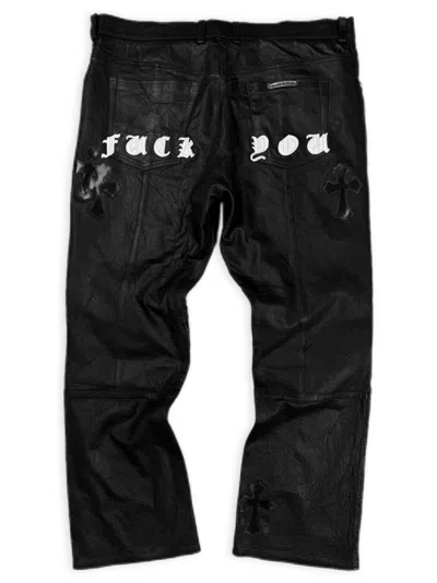 Pre-owned Chrome Hearts ‘fuck You' 20 Cross Patch Flooded Jvp Lambskin Leather Pants In Black