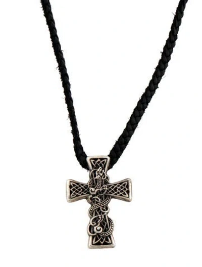 Pre-owned Chrome Hearts Leather Celtic Cross Pendant Necklace, 34" In Black