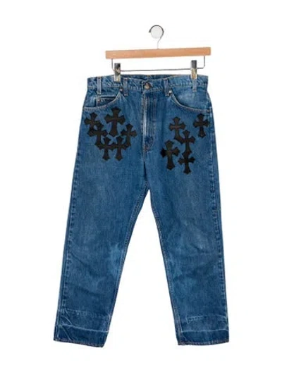 Pre-owned Chrome Hearts Leather Cross Patch Straight-leg Jeans In Blue