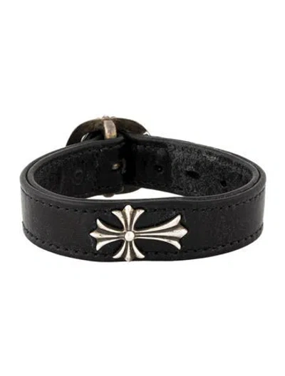 Pre-owned Chrome Hearts Leather Cross Wrap Buckle Bracelet In Black