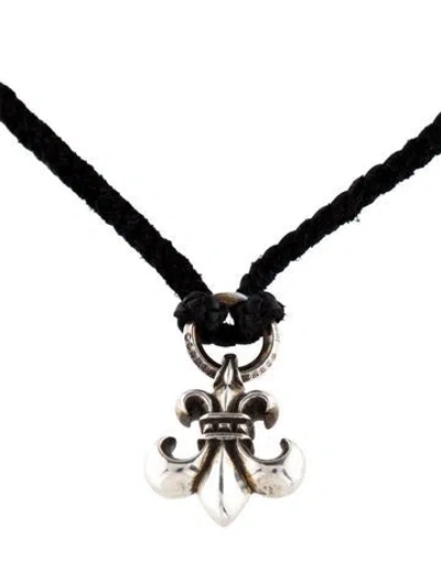 Pre-owned Chrome Hearts Leather Fleur De Lis Pendant Necklace, 33" In Black